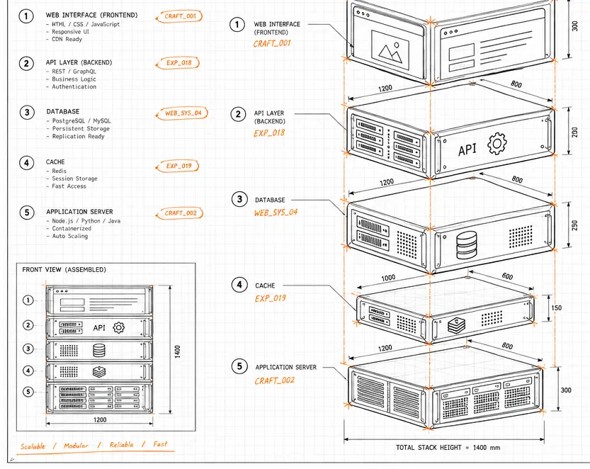 Dessin technique d’une pile applicative en éclaté : interface, API, base de données, cache, serveur