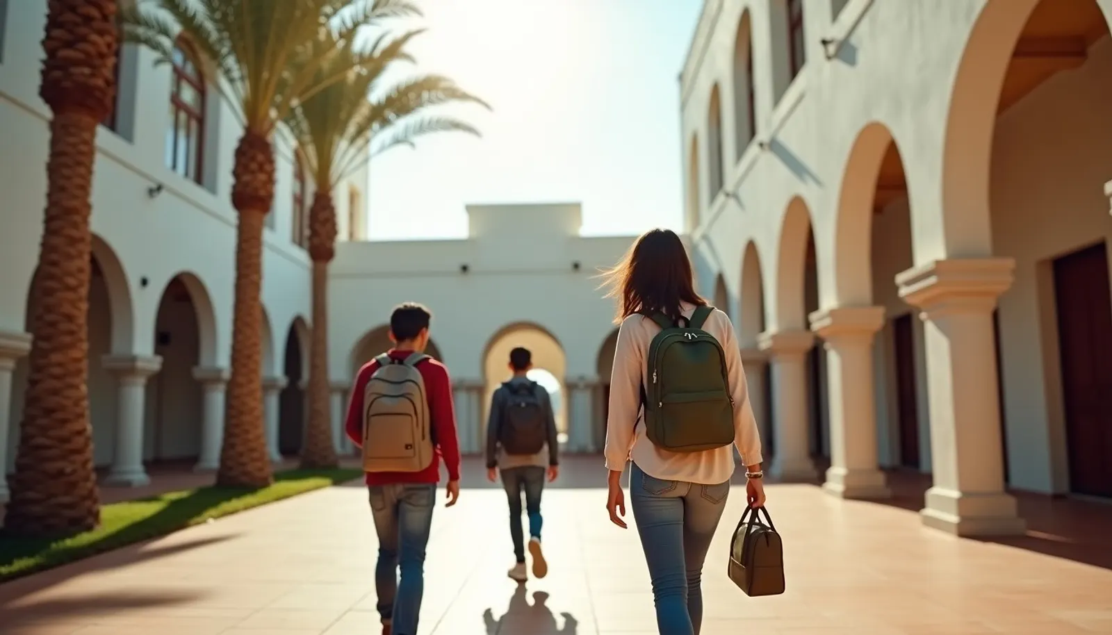 Des lycéens traversent la cour ensoleillée d’une école à Rabat.