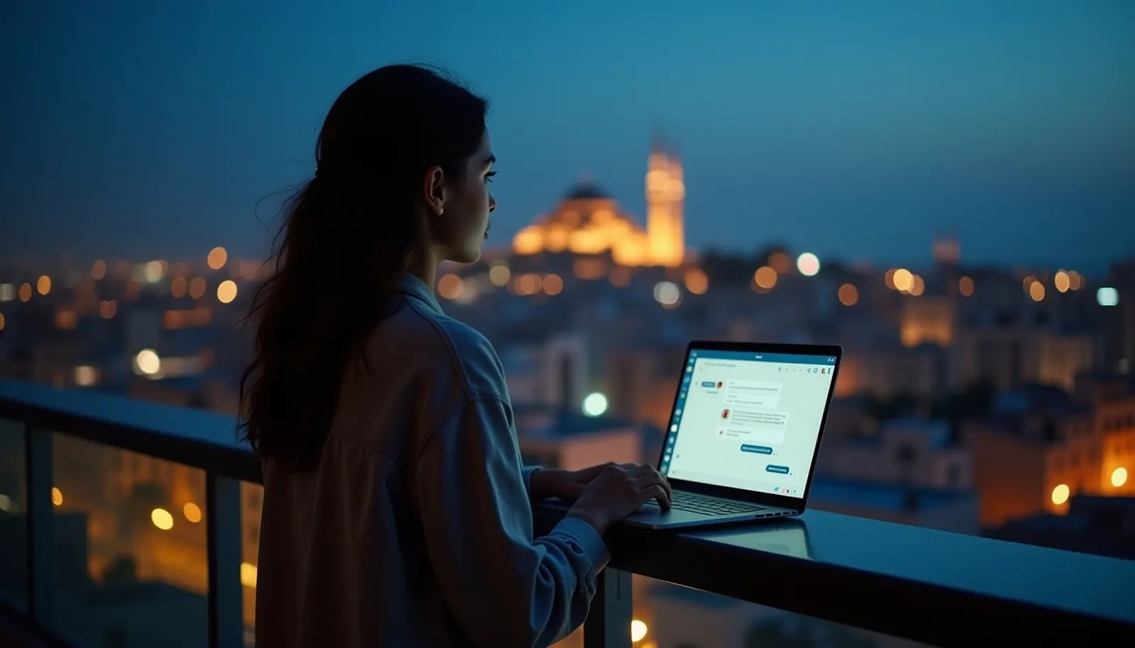 Une jeune femme sur un balcon de Casablanca, la nuit, travaille avec un assistant d’intelligence artificielle.