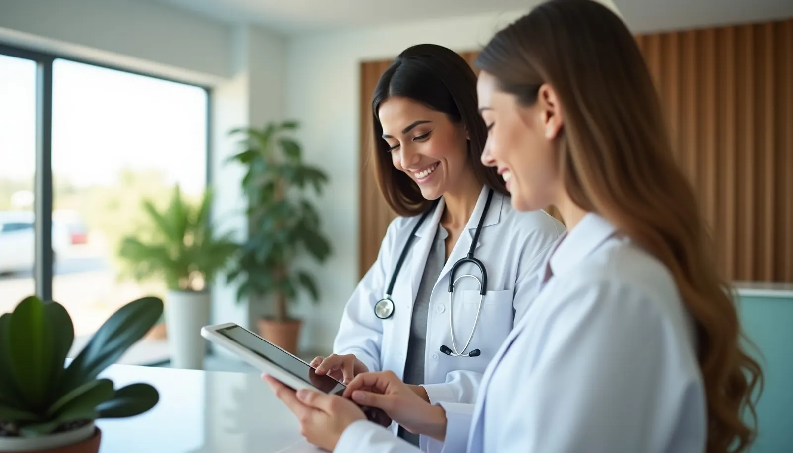 Deux soignantes consultent un rendez-vous sur une tablette, dans une clinique lumineuse.