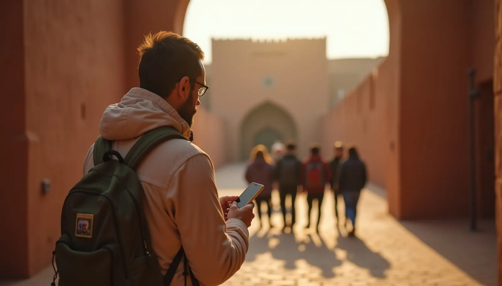Un guide accueille un groupe de voyageurs devant la kasbah d’Aït Ben Haddou.