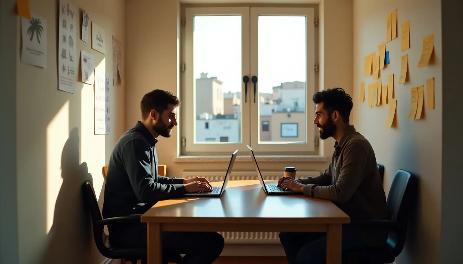 Les deux fondateurs d’une jeune agence travaillent sur leurs ordinateurs, des croquis de logos au mur.