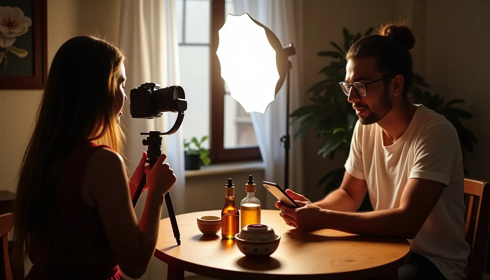Un photographe et une responsable réseaux sociaux shootent une campagne produit en studio.