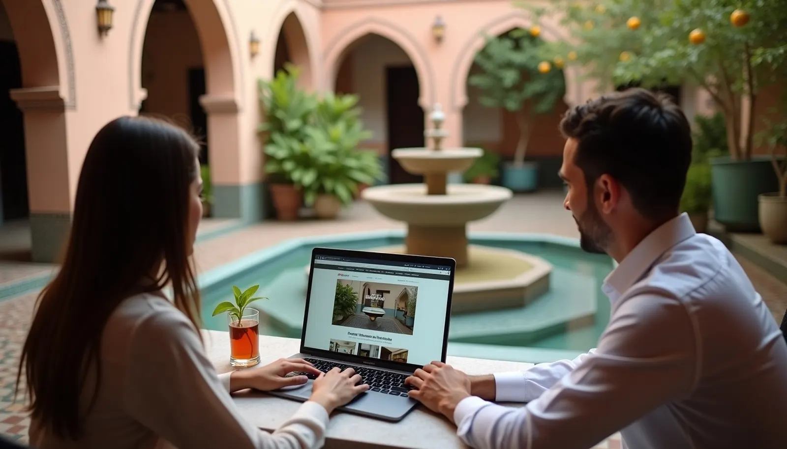 Un consultant présente un site web à la propriétaire d’un riad, dans la cour du riad.