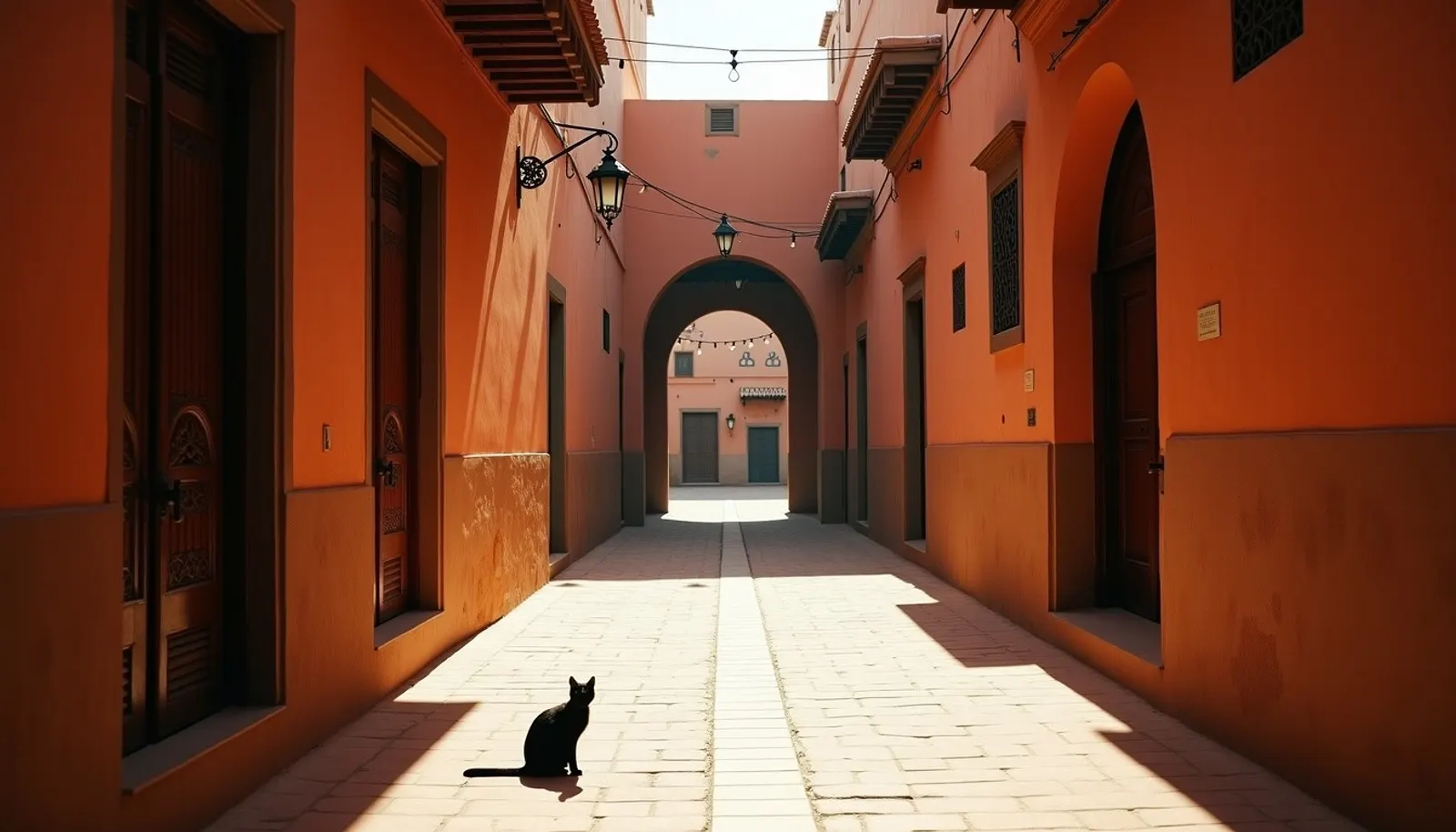 Une ruelle ocre de la médina, déserte, portes fermées, un chat assis au soleil.