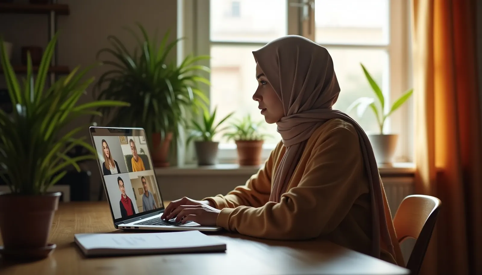 Une collaboratrice travaille à distance, en visioconférence avec l’équipe.