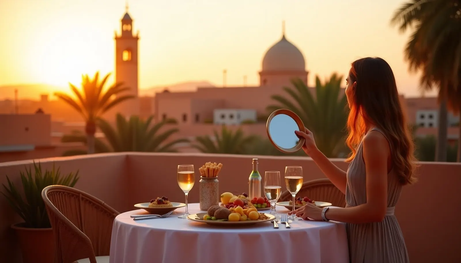 Préparation des photos d’une terrasse de riad pour une annonce en ligne, au coucher du soleil.