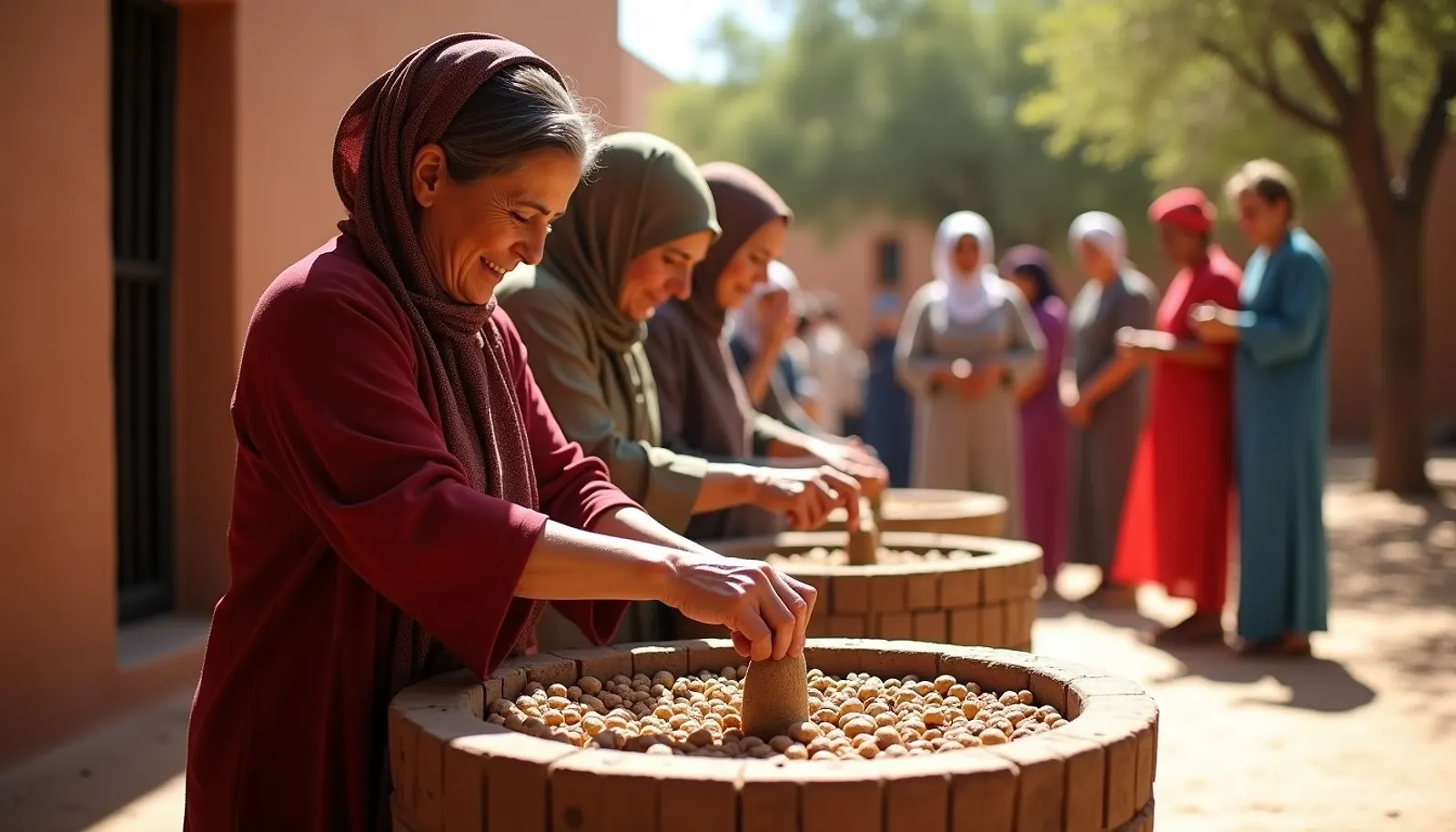 Des femmes d’une coopérative d’argan concassent des noix sous le regard de voyageurs.
