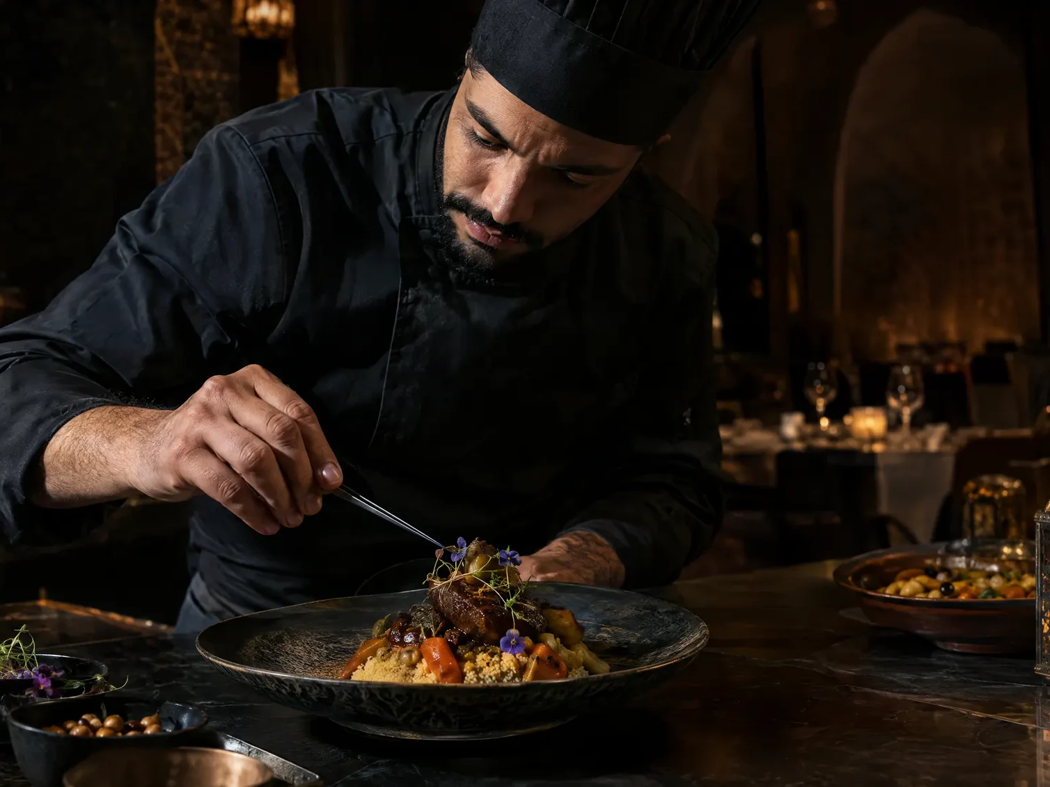Ardoise de menu et plat servi en salle