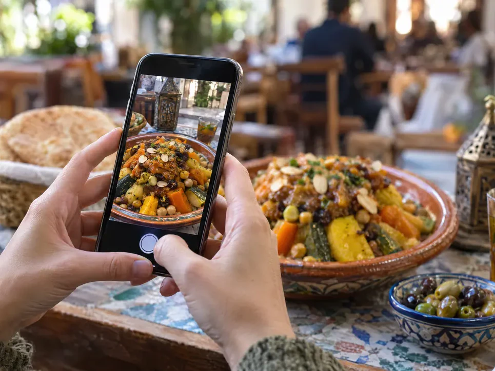Plat photographié au téléphone dans un restaurant