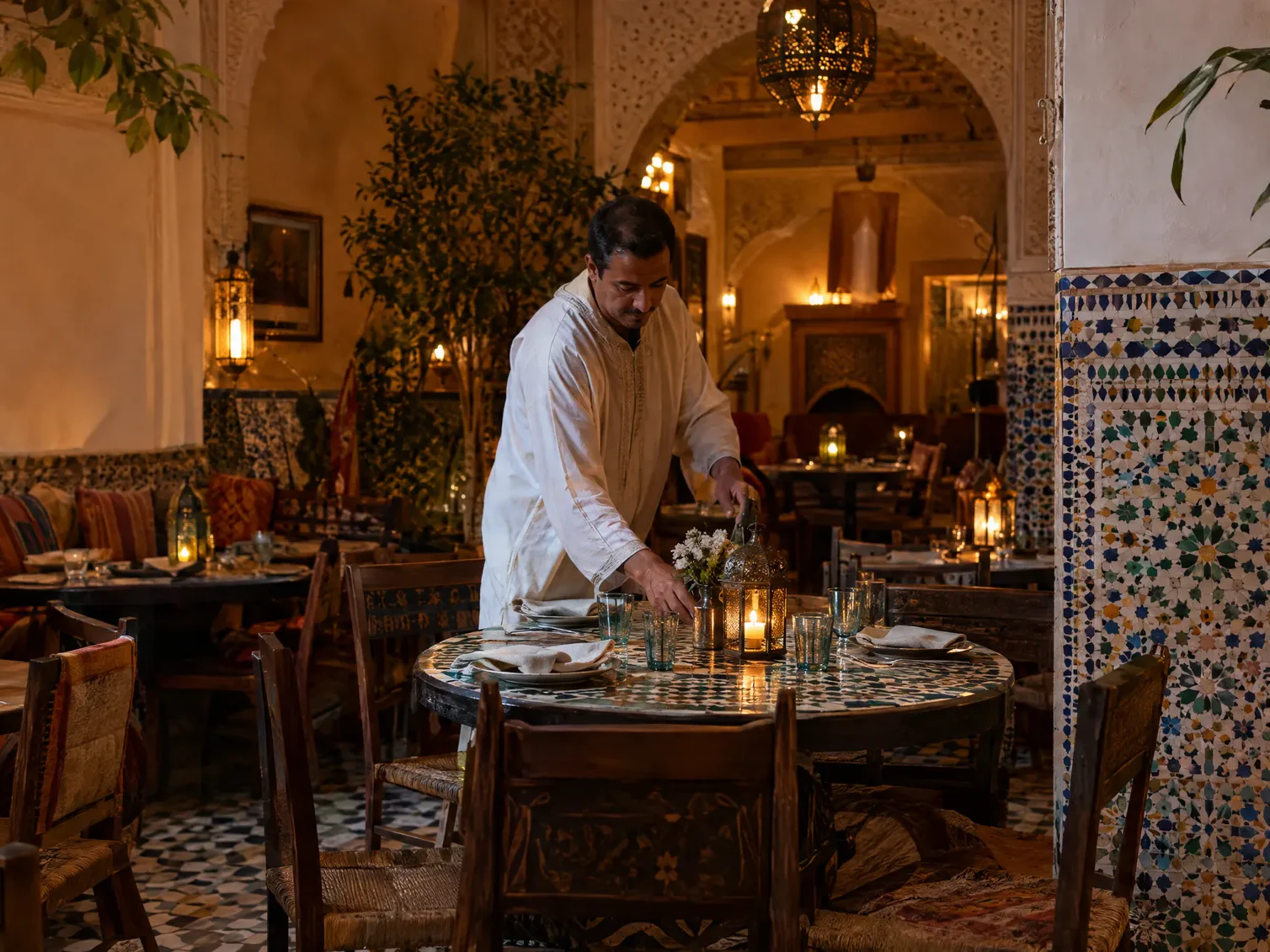 Salle de restaurant marocain prête à accueillir des réservations